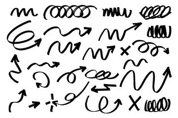 Marcas de rotulador de diversas formas. Formas de flechas con trazos sueltos, recurso de dise&ntilde;o con trazos reales sueltos y energicos de flechas variadas