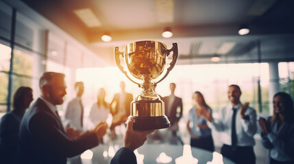 A businessman with a gold trophy, celebrating with his team in the office, captured against a blurred background.