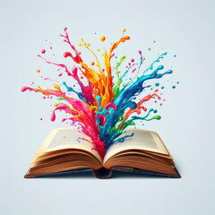 splashes of colorful paint flying out of an open book. ai generative