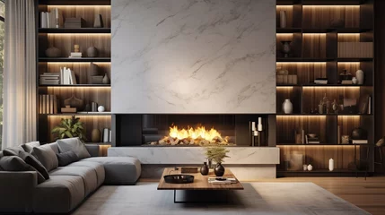 Fotobehang living room, marble wall fireplace and stylish bookcase to the ceiling in a chic expensive interior of a luxurious country house with a modern design with wood and led light, gray furniturN? © Faheem