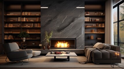 living room, marble wall fireplace and stylish bookcase to the ceiling in a chic expensive interior of a luxurious country house with a modern design with wood and led light, gray furniturN?