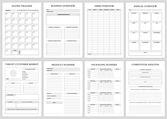 Minimalist planner pages templates. Business Goals,Saving Tracker,Business Overview,Term Overview,Annual Overview,Target Customer Market,Product Planner,Packaging Planner, - obrazy, fototapety, plakaty