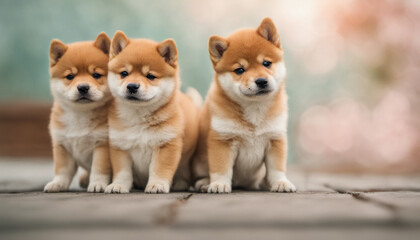 cute shiba inu puppies on the left side on a pastel background with copy space, leaving one third of the background empty for a quote