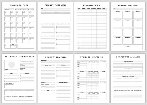 Minimalist planner pages templates. Business Goals,Saving Tracker,Business Overview,Term Overview,Annual Overview,Target Customer Market,Product Planner,Packaging Planner,