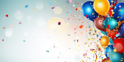 Elegant celebration background featuring a burst of joyous confetti and luxurious colorful balloons