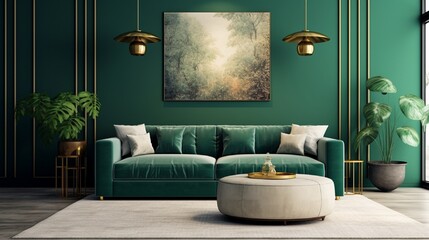 Luxury living room in house with modern interior design, green velvet sofa, coffee table, pouf, gold decoration, plant, lamp, carpet, mock up poster frame and elegant accessories. Template.