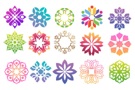 Floral ornament logo and icon set. Abstract beauty mandala flower logo design collection.