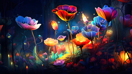 Vibrant colorful Flowers: Shining Blossoms in Darkness