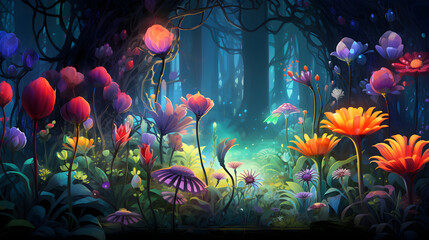 Fototapeta na wymiar Vibrant Flowers in the Night Forest - Midnight Floral Blossoms