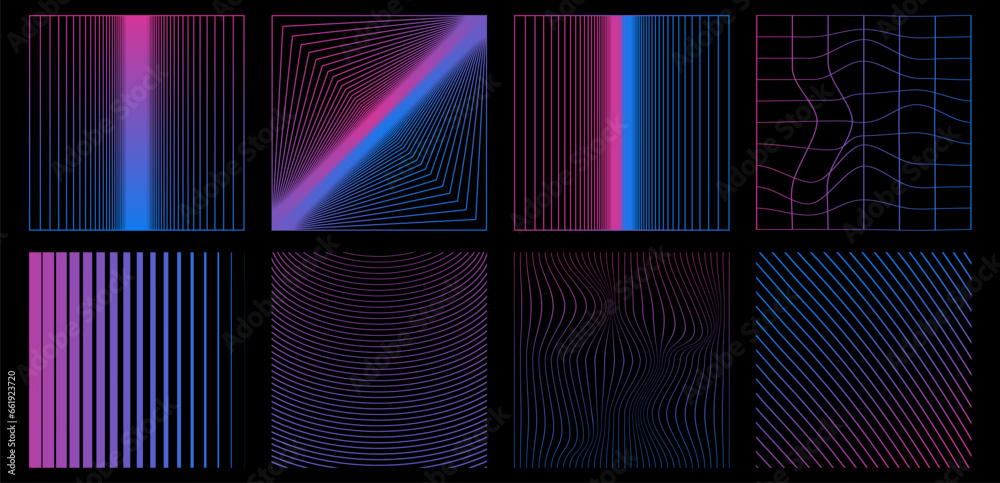 Poster Set of y2k abstract aesthetic 3D wireframe shapes. Gradient retro line design elements. Vector illustration.