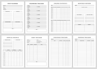 Minimalist planner pages templates.Social Media Planner,Post planner,Password Tracker,Online Statistics,Monthly Review,Annual Finance,Debt Tracker,Purchase Tracker,