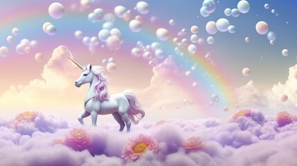 Obraz na płótnie Canvas Colorful Unicorn pastel rainbow and clouds on blue sky background.AI generated image