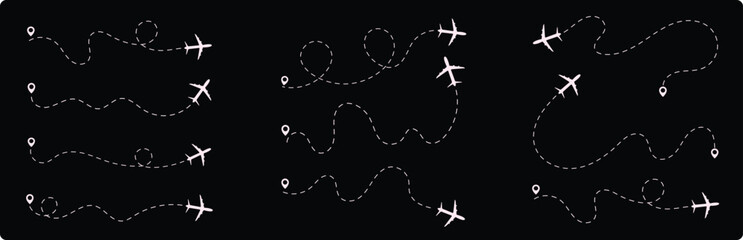 Airplane dashed lines path with start point and dash line Airplane routes set. Plane route line. Planes dotted flight pathways. Plane paths. Aircraft tracking, Airplane routes. Travel vector icon. - obrazy, fototapety, plakaty