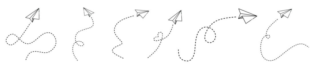 paper plane with dotted line trail trace icon, Vector paper airplane. Outline flying planes with dotted track direction. Black linear paper plane icon