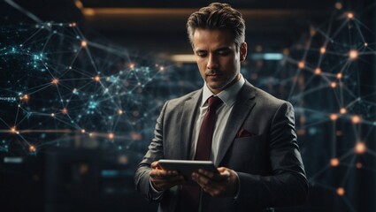 A businessman holding a tablet and looking at a virtual blockchain network with data fields floating around him