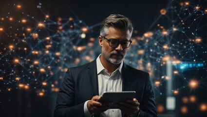 A businessman holding a tablet and looking at a virtual blockchain network with data fields floating around him