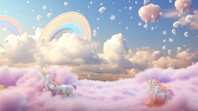 Colorful Unicorn pastel rainbow and clouds on blue sky background.AI generated image