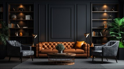 Modern interior design for home, office, interior details, upholstered furniture against the background of a dark classic wall.