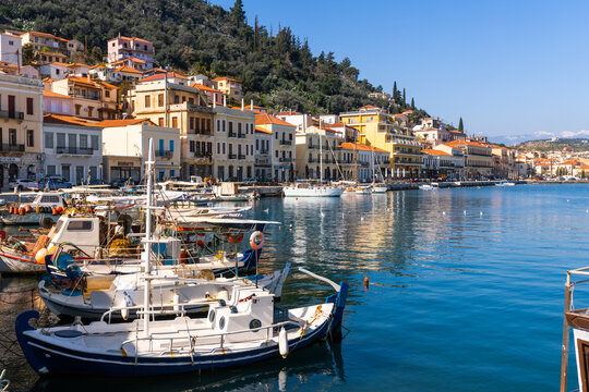 Githion, Greece - 12 February 2023 - Fishing boats wainting to sail out in the harbour of town