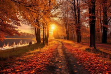 A beautiful autumn road with colorful leaves, shining sun, and a pleasant breeze. Generative AI - obrazy, fototapety, plakaty