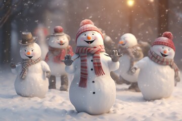 Obraz premium Snowmen engaged in funny activities. Making for a charming and amusing scene. Generative Ai