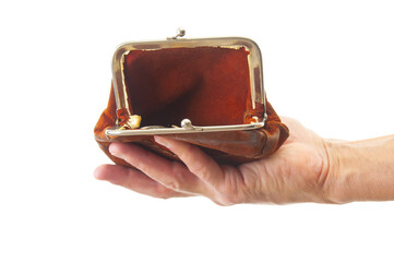 Hand with open, empty, old purse close up on a white background