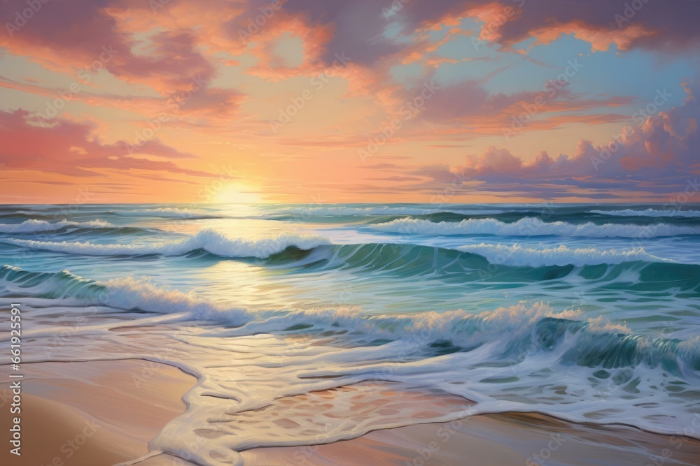 Sticker An ultra-realistic portrayal of a serene beach at sunrise, capturing the gentle waves, soft sands, and vibrant colors in the sky, conveying tranquility and warmth.