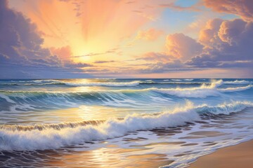An ultra-realistic portrayal of a serene beach at sunrise, capturing the gentle waves, soft sands, and vibrant colors in the sky, conveying tranquility and warmth.