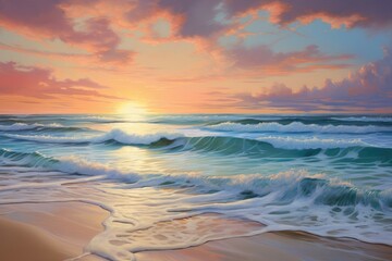 Fototapeta na wymiar An ultra-realistic portrayal of a serene beach at sunrise, capturing the gentle waves, soft sands, and vibrant colors in the sky, conveying tranquility and warmth.
