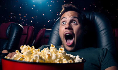 Fototapeta premium Portrait of a person with a shocked or scared expression watching a film in a cinema
