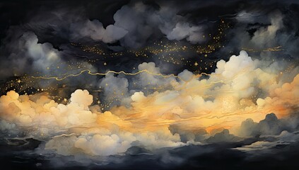 Golden and black night sky painting with the moon, stars and clouds in different shades.	