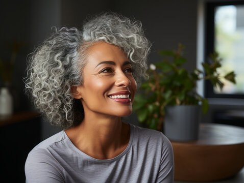 Adult African American Woman With Smooth Healthy Facial Skin. Beautiful Aging Mature Woman With Gray Hair And Happy Smiling Face. 