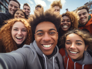 A group of international friends taking a selfie.  - obrazy, fototapety, plakaty