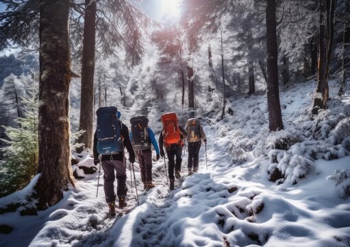 "Winter Wonders: Hikers Explore the Snowy Forest" Generativ ai.