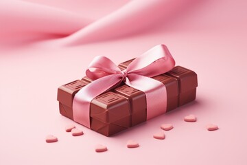 Pink gift box-shaped ruby chocolate bar on light pink background. Generative AI