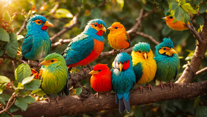 Cute funny tropical birds on a branch, leaves, flowers