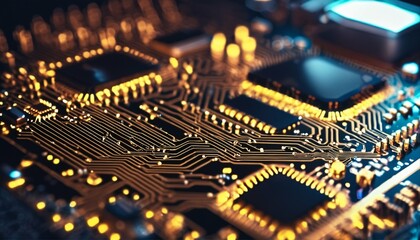 Closeup of electronic circuit motherboard with computer cell phone micro chips