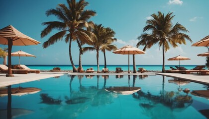 Fototapeta na wymiar Luxurious swimming pool with loungers umbrellas near beach and sea under blue sky with palm trees