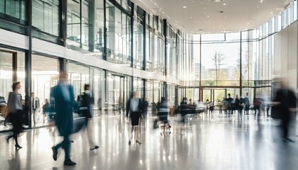 Bright office lobby with fast moving crowd of business people in long exposure shot
