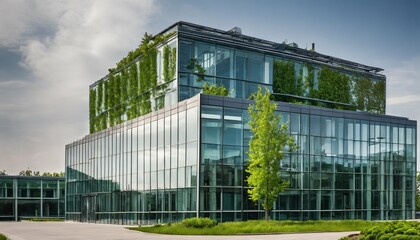 Fototapeta na wymiar Eco-friendly glass office featuring sustainable building with green environment and trees