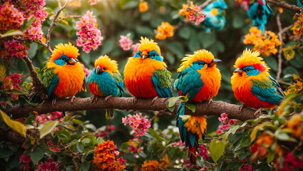 Cute funny tropical birds on a branch, leaves, flowers