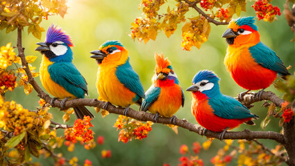 Cute funny tropical birds on a branch, leaves, flowers - obrazy, fototapety, plakaty