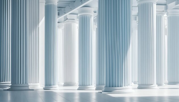 White and light blue architectural background banner featuring tilted columns, beautiful airy minimalistic design