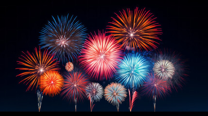 Vibrant fireworks in various colors adorn the night sky, suitable for the New Year and other celebrations