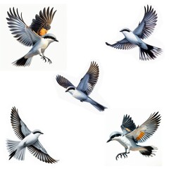 Obraz premium A set of Loggerhead Shrikes flying isolated on a white background