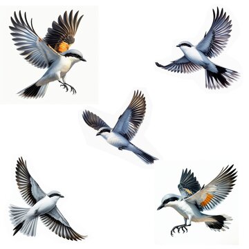 A set of male and female Loggerhead Shrikes flying isolated on a white background