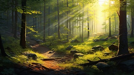 Tropical lush green rainforest with sunlight. AI generated image