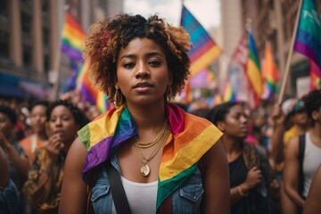 Obraz premium A supporter for LGBTQ Rainbow Flag on her shoulders in a protest 