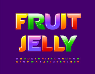 Fototapeta na wymiar Vector tasty sign Fruit Jelly. Colorful Glossy Font. Bright Creative Alphabet Letters and Numbers set