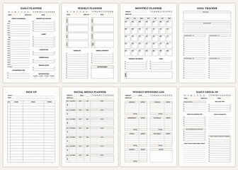 Minimalist planner pages templates. Daily Planner,Weekly Planner,Monthly Planner,Goal Tracker,Sign Up,Social Media Planner,Weekly Spending Log,Daily Check-in,